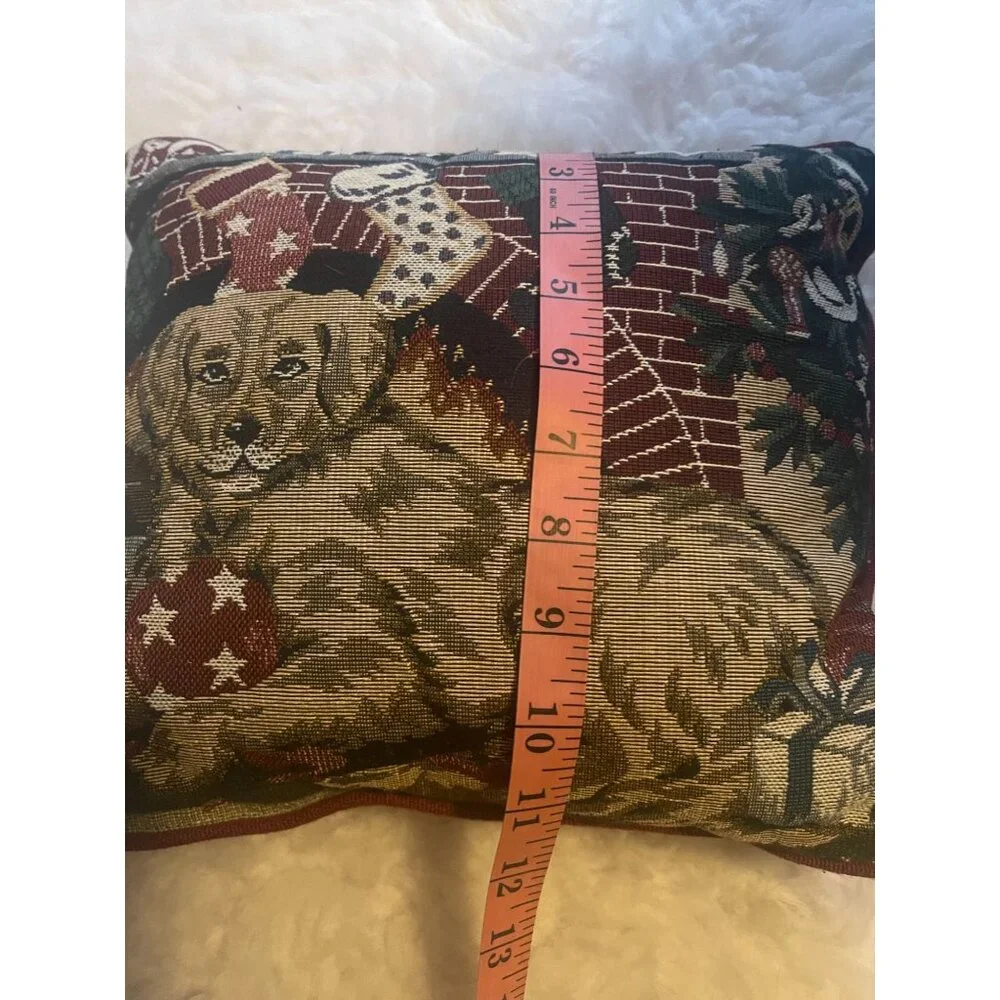 Needlepoint Christmas Accent Pillow Dog in front of Fireplace 12 Inch
